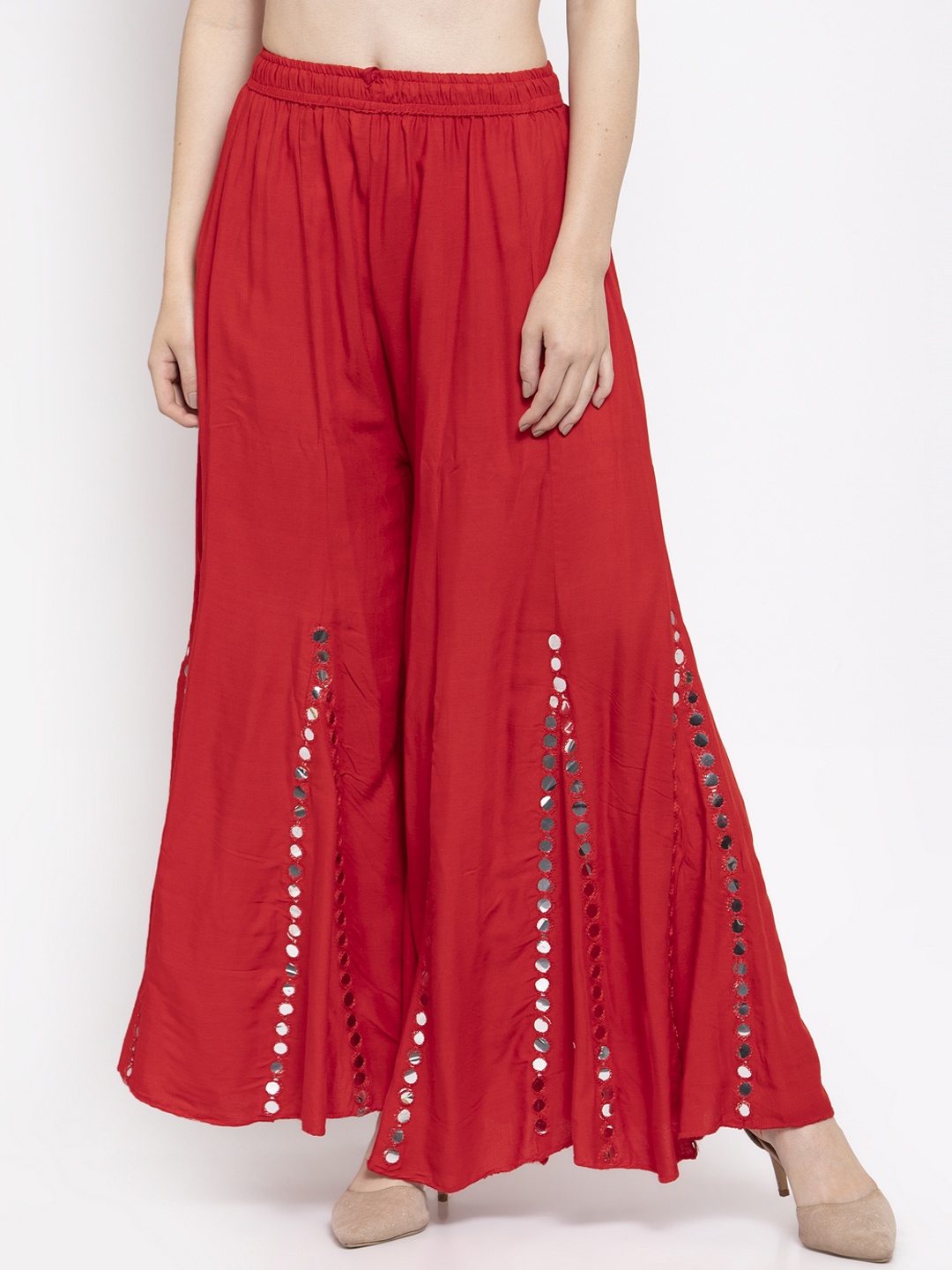 

Clora Creation Women Red Mirror Work Flared Palazzos
