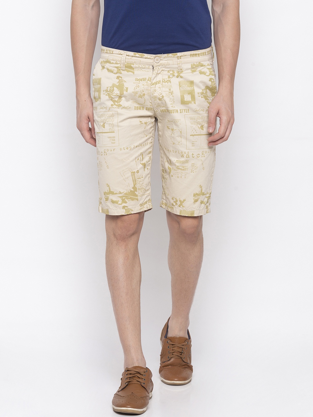 

SPYKAR Men Cream-Coloured & Beige Printed Slim Fit Regular Shorts