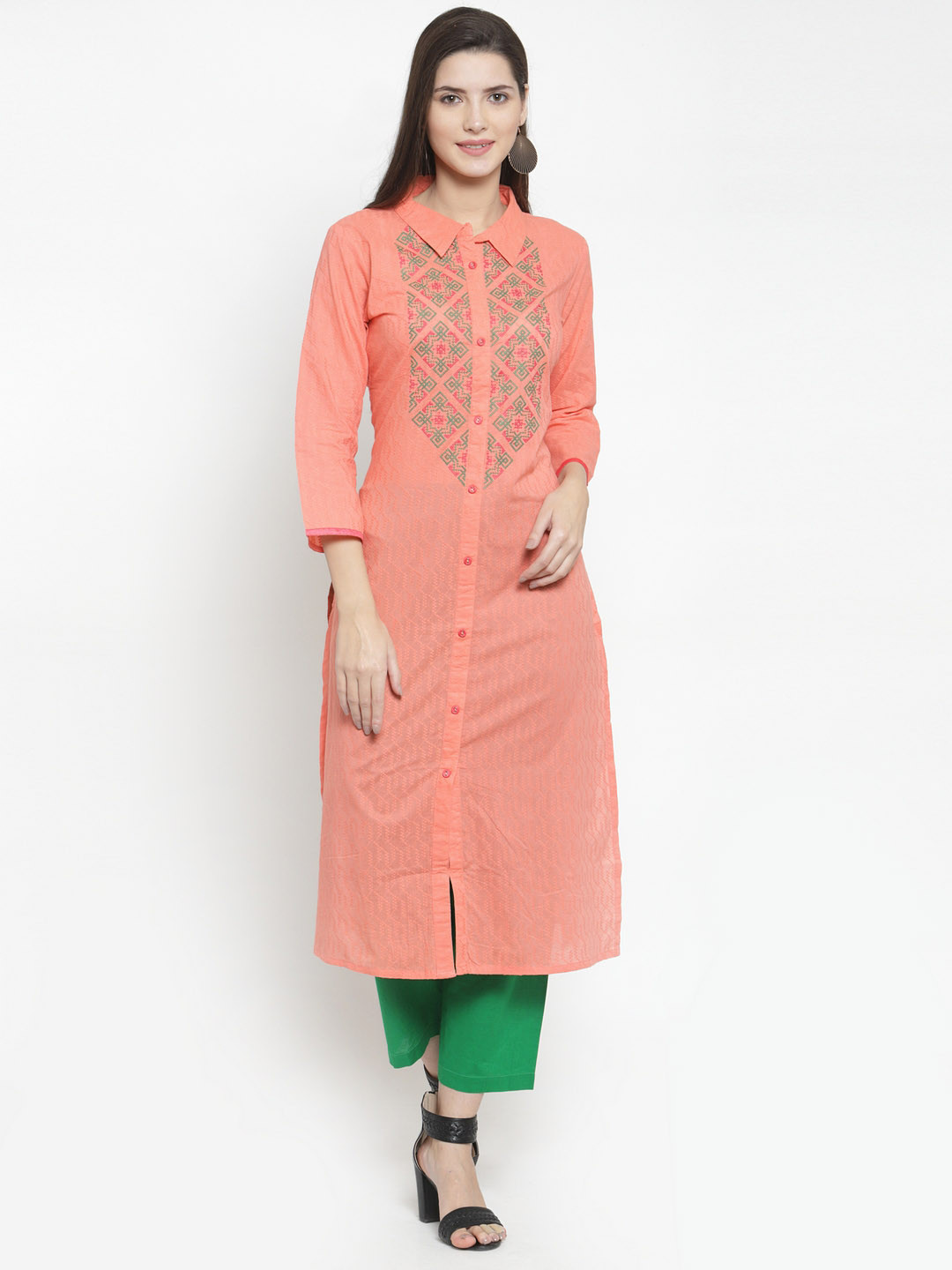 

The Kurta Express Women Peach-Coloured Yoke Design Straight Kurta