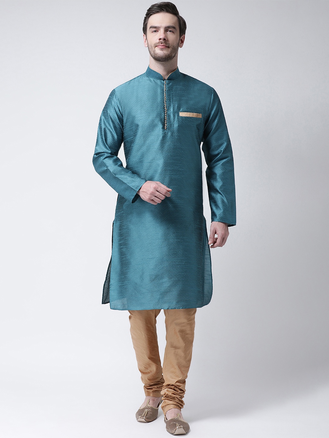 

SG LEMAN Men Turquoise Blue & Gold-Coloured Self Design Kurta with Churidar