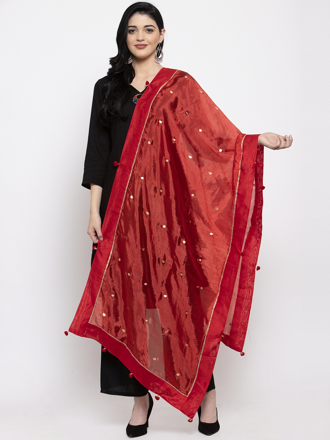

Clora Creation Red & Gold-Coloured Polka Dot Woven Design Dupatta