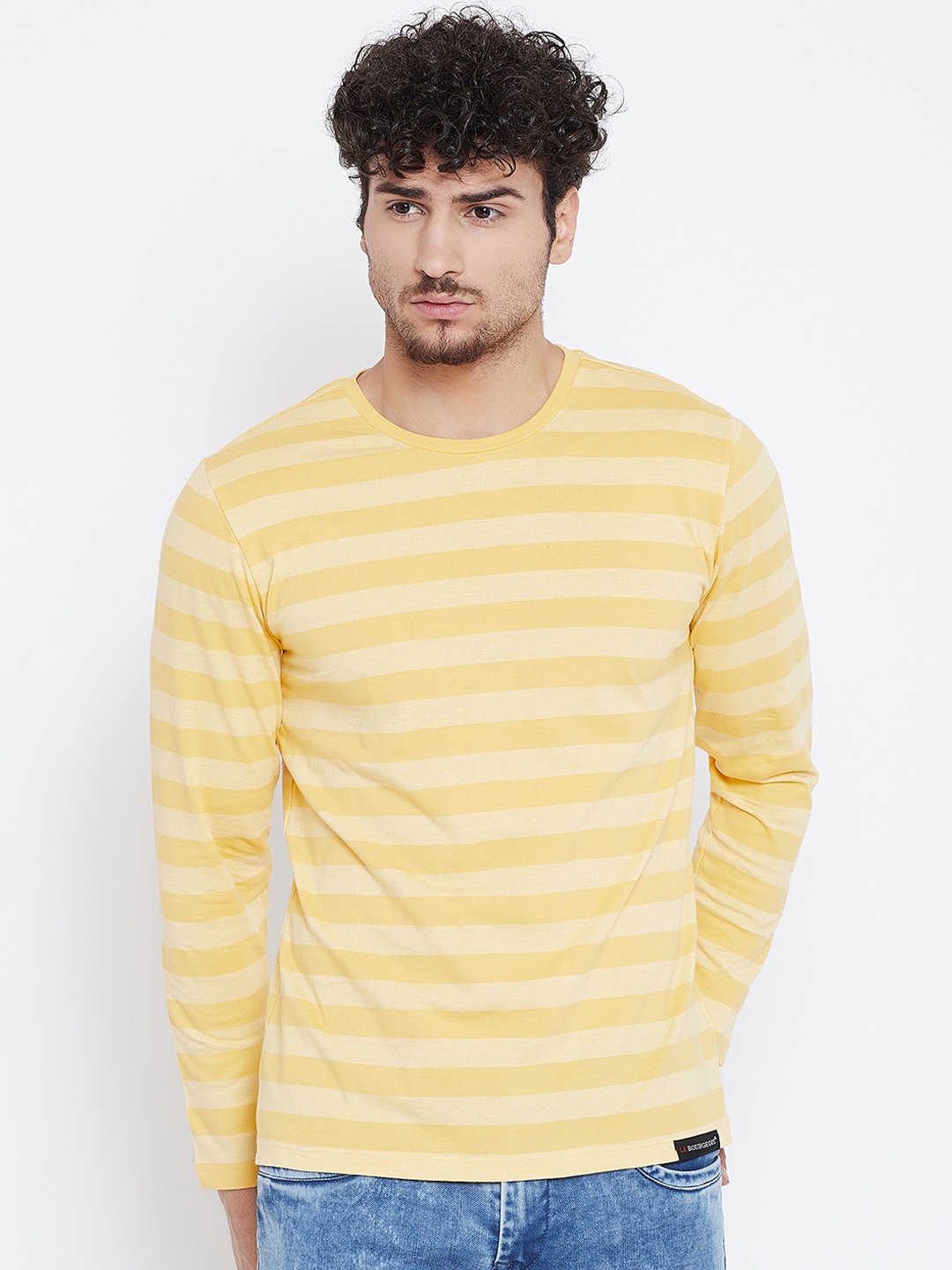 

LE BOURGEOIS Men Yellow Striped Round Neck T-shirt