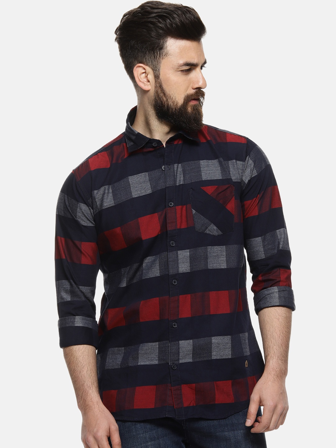 Campus Sutra Men Black & Red Regular Fit Checked Casual Shirt