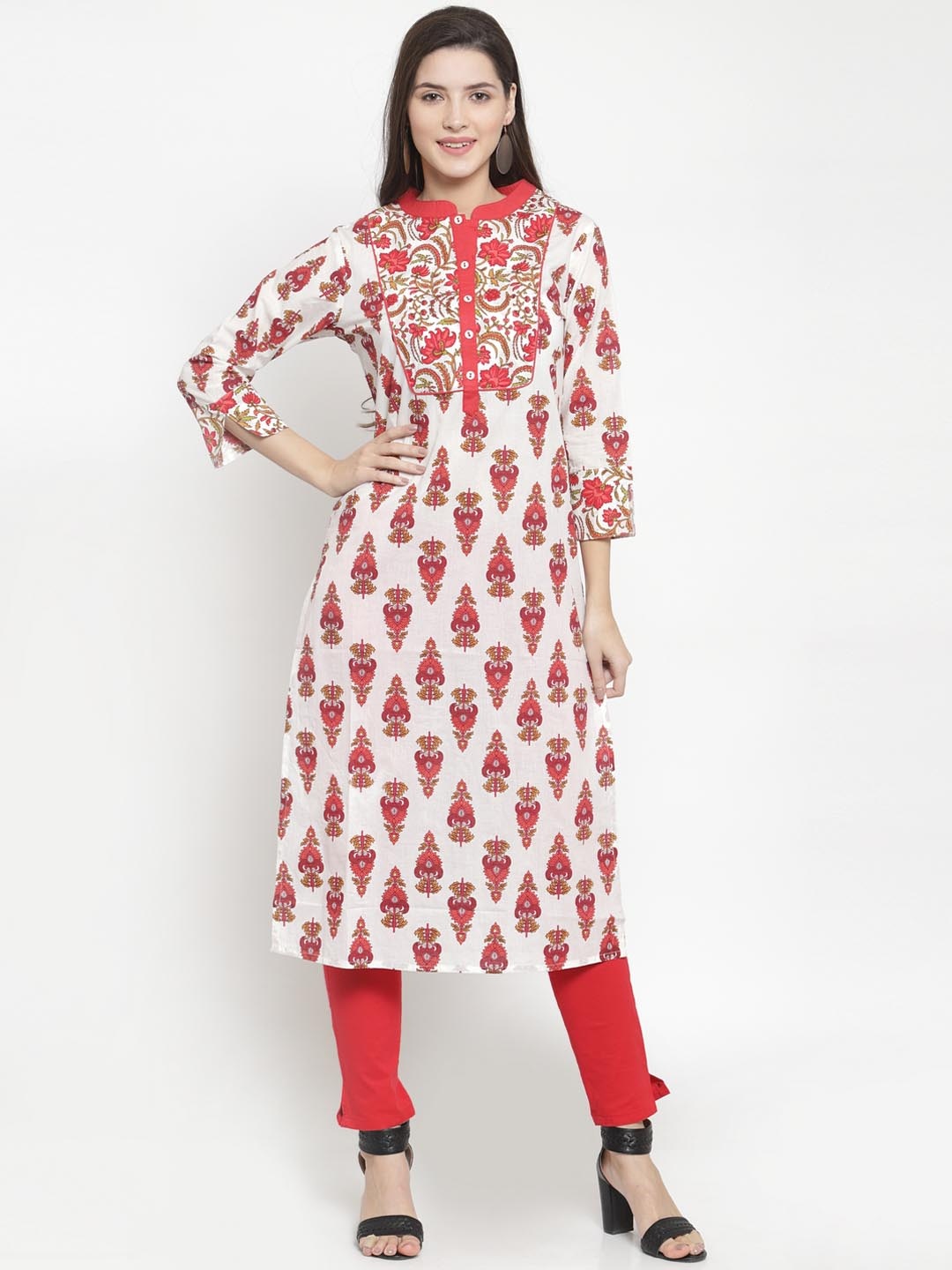 The Kurta Express Women Pink & White Yoke Design Straight Kurta