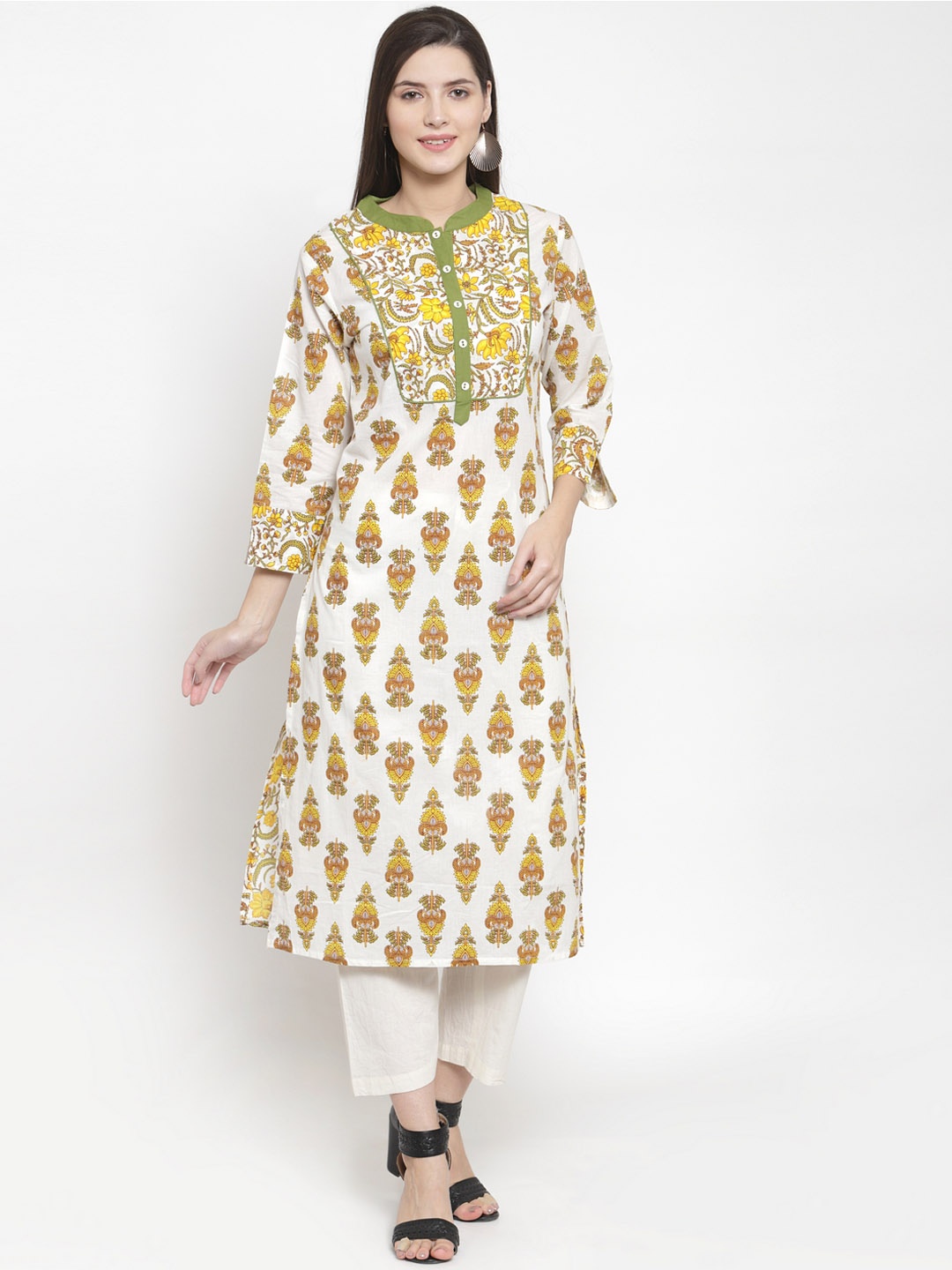 The Kurta Express Women Yellow & White Yoke Design Straight Kurta