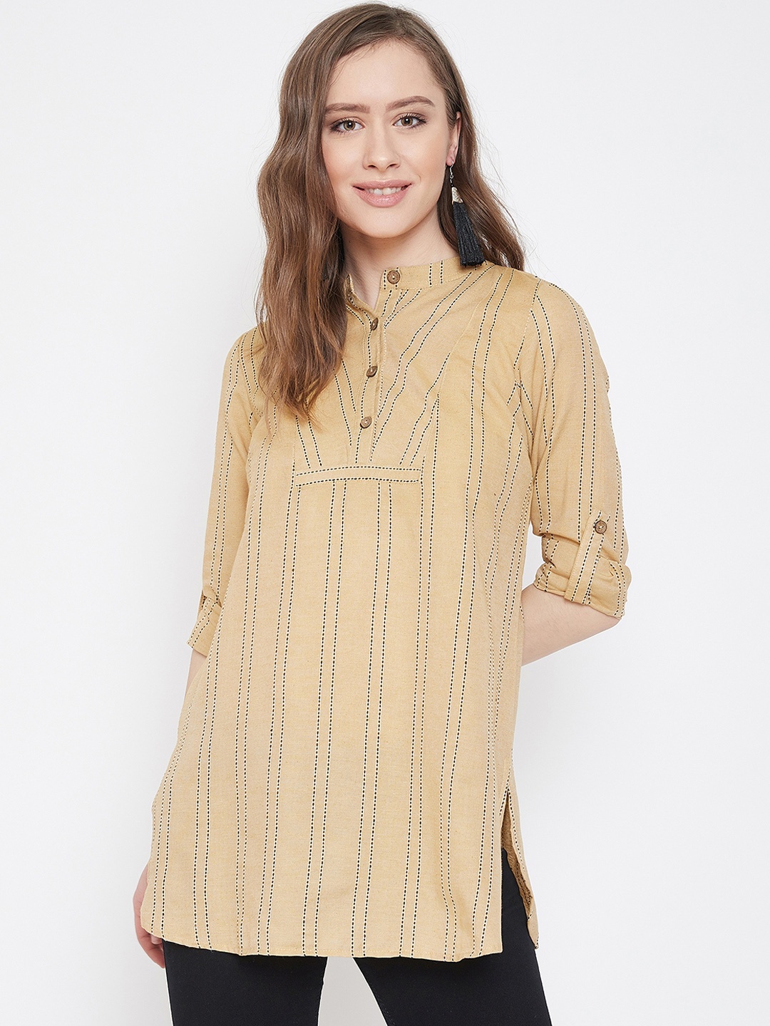

Ruhaans Women Beige Striped Straight Kurta