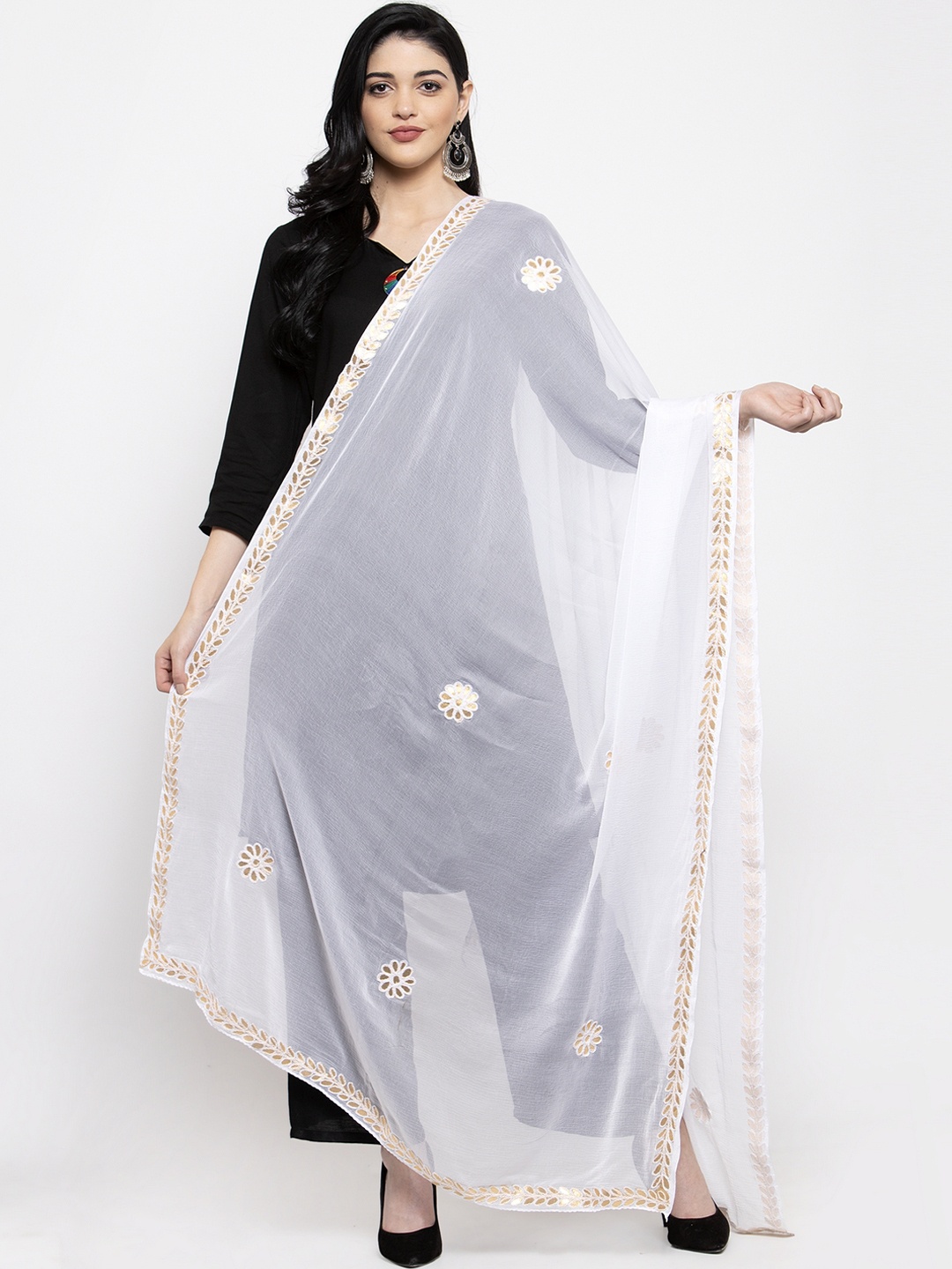 

Clora Creation White & Gold-Coloured Gotta Patti Chiffon Dupatta