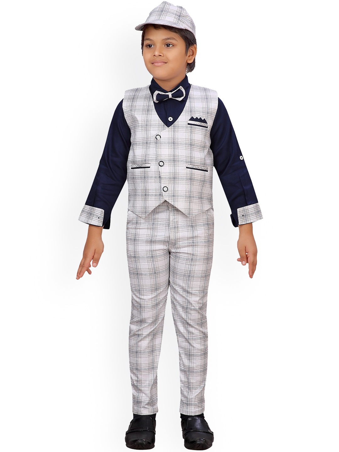 

Aj DEZInES Boys White & Navy Blue Checked Clothing Set with Cap