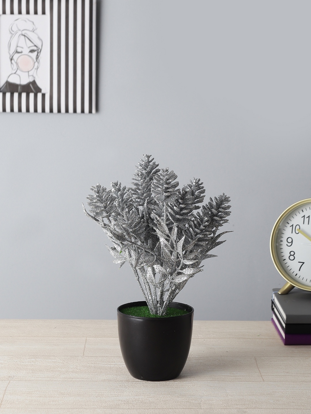 

FOLIYAJ Silver-Toned Spray Painted Artificial Pine Cone Plant With Black Pot
