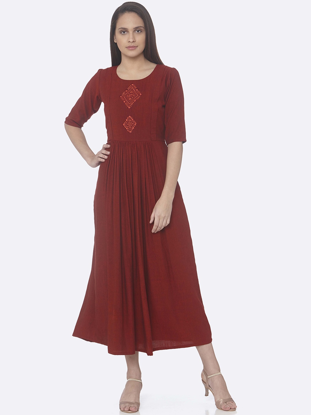 

RAISIN Women Red Embroidered Ethnic Maxi Dress