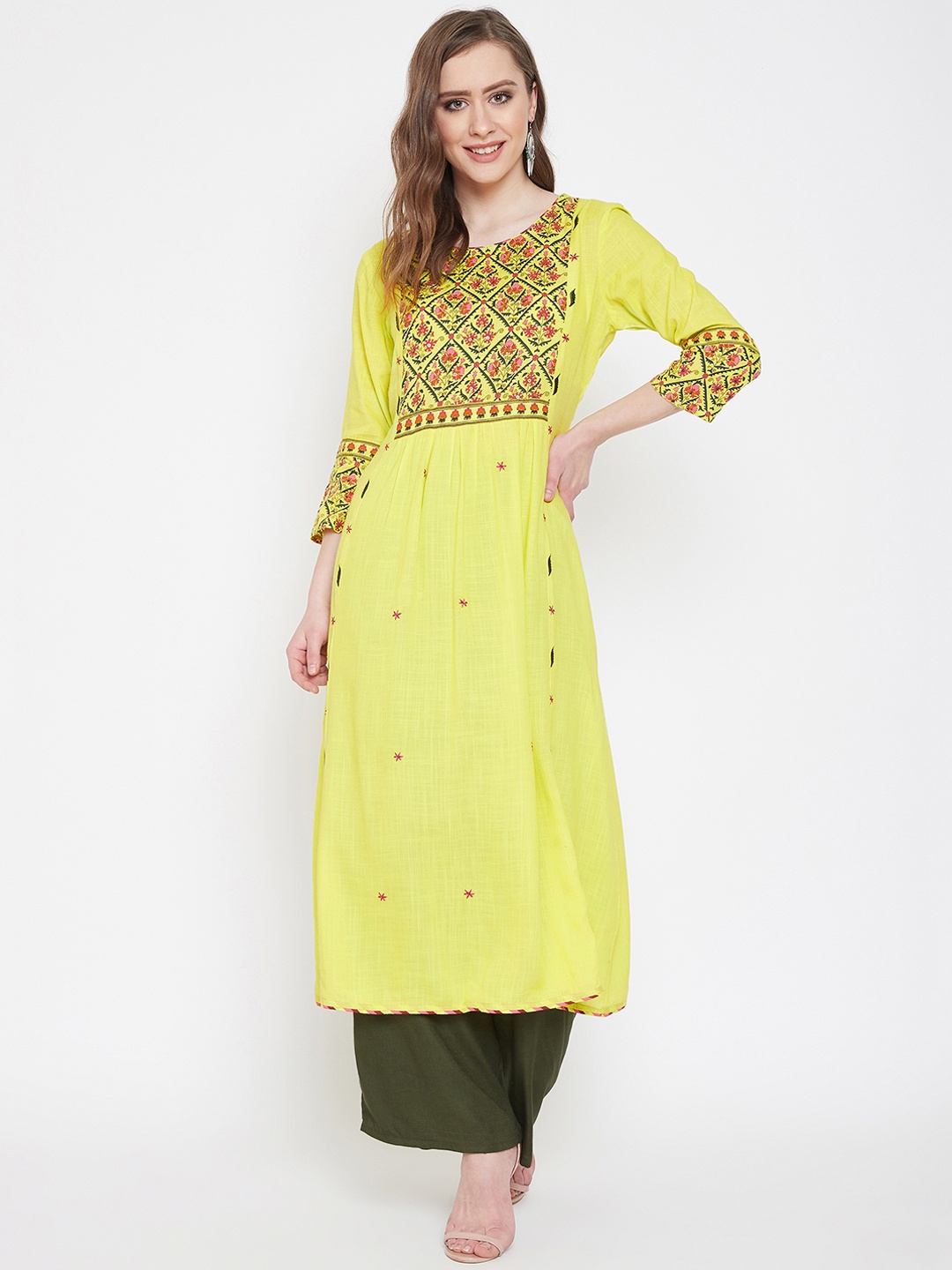 

Prakhya Women Yellow Yoke Design A-Line Kurta