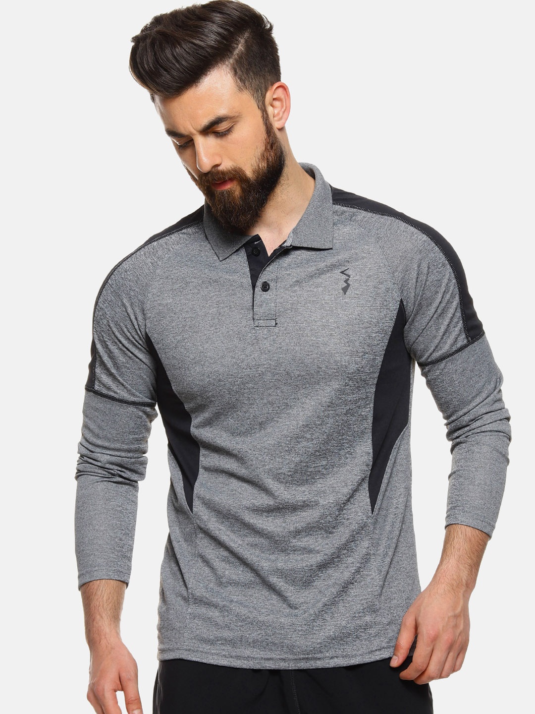 

Campus Sutra Men Grey & Black Colourblocked Polo Collar T-shirt