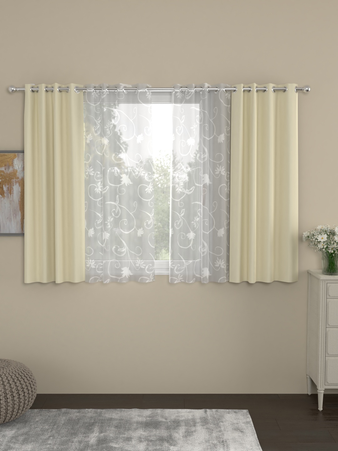 

ROSARA HOME Cream-Coloured & White Set of 4 Window Curtains