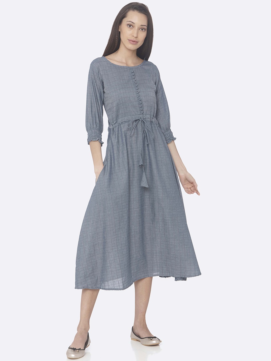 

RAISIN Women Blue Checked Fit and Flare Dress