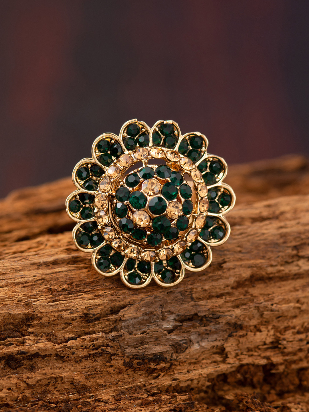 

E2O Gold-Plated & Green Stone-Studded Adjustable Handcrafted Finger Ring