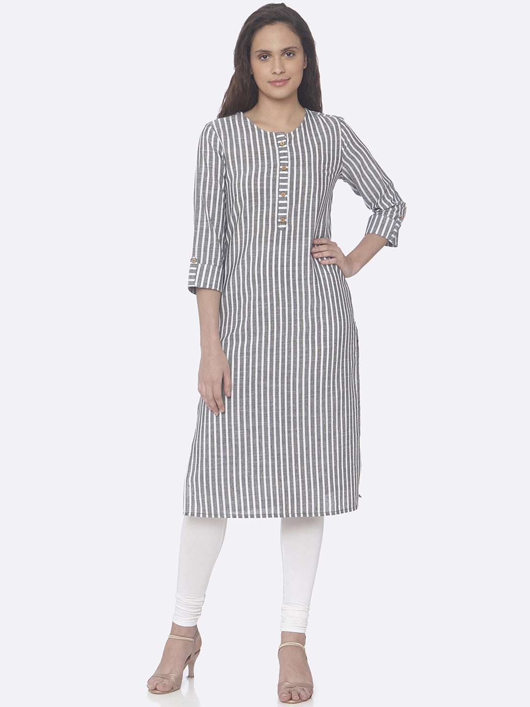 

RAISIN Women Grey & White Striped Straight Kurta