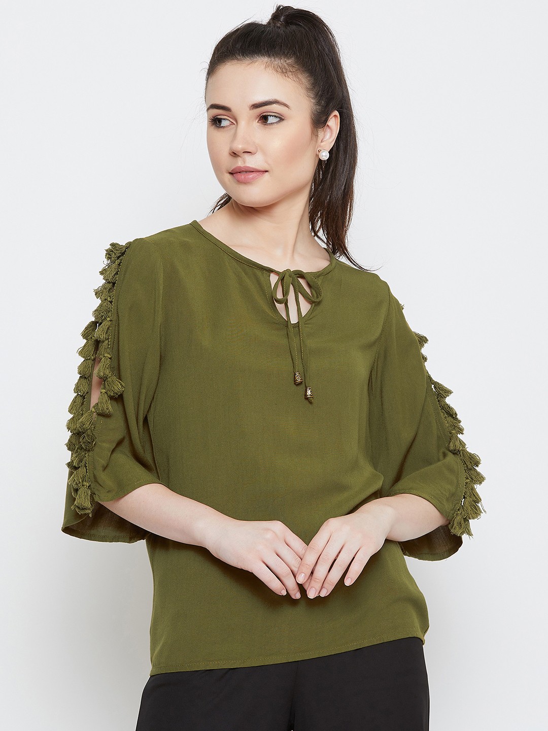 

La Zoire Women Olive Green Solid A-Line Top