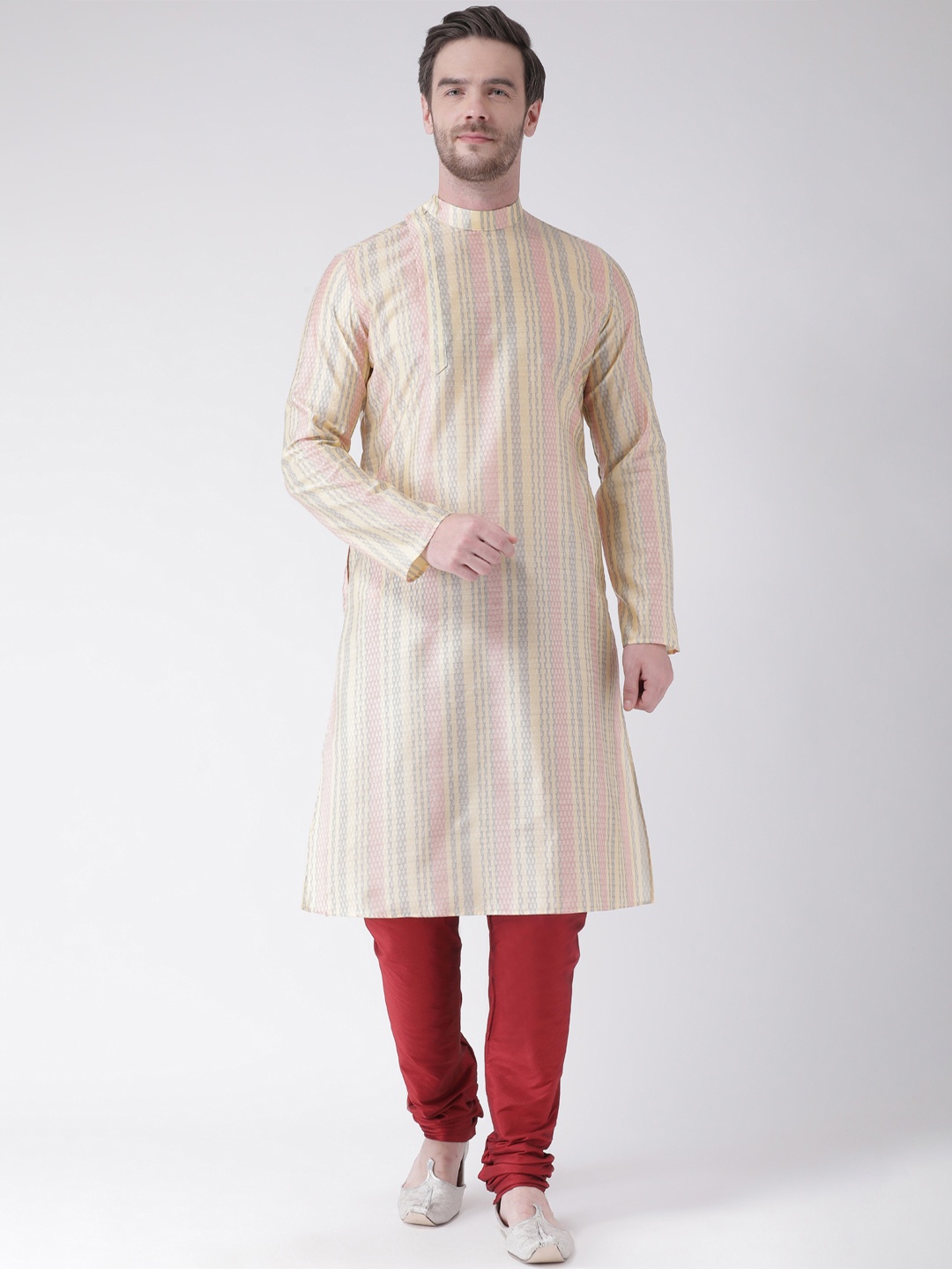 

DEYANN Men Cream-Coloured & Red Self Design Kurta with Churidar