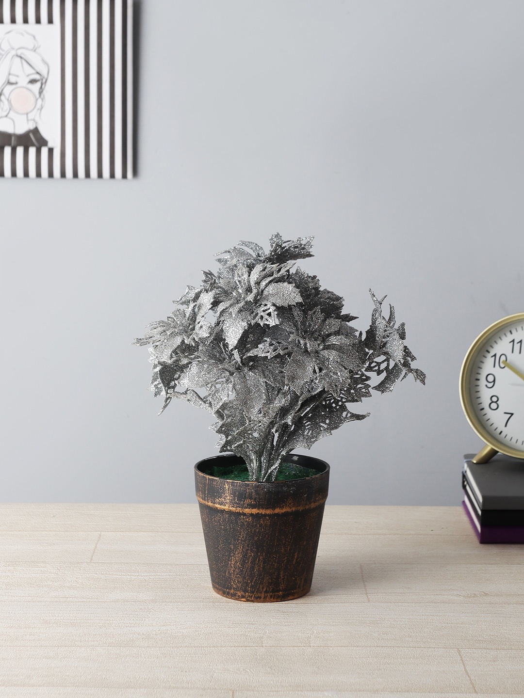 

FOLIYAJ Silver-Toned Spray Painted Artificial Holly Leaves Plant With Brown Pot
