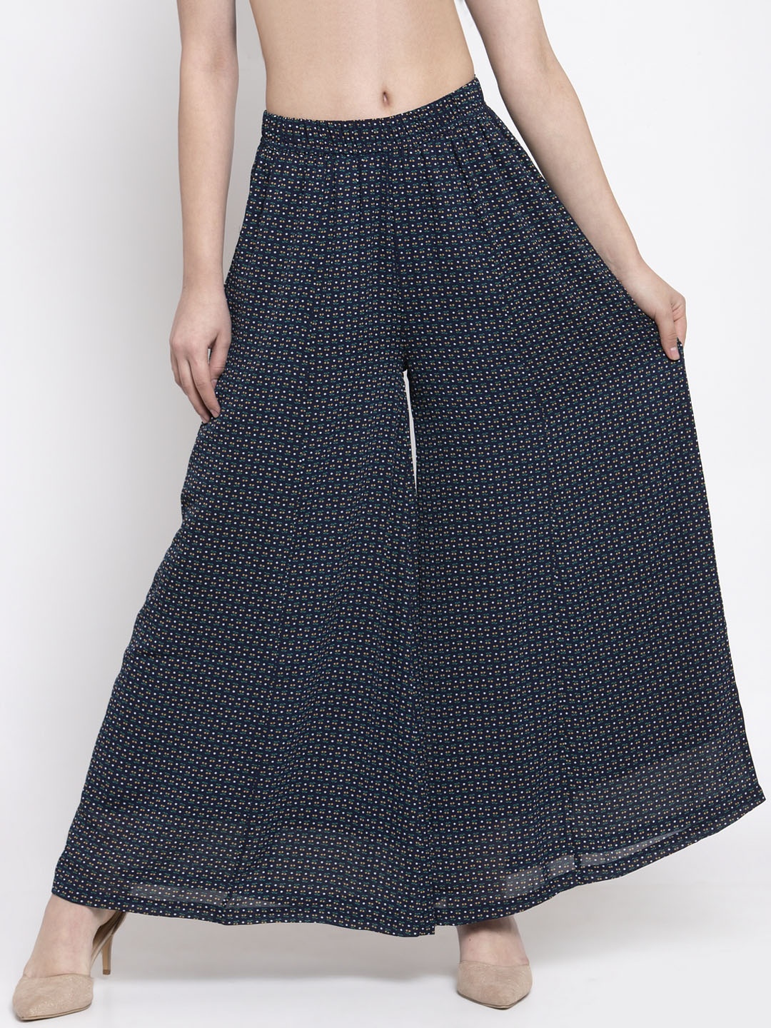 Gipsy Women Navy Blue Printed Flared Palazzos