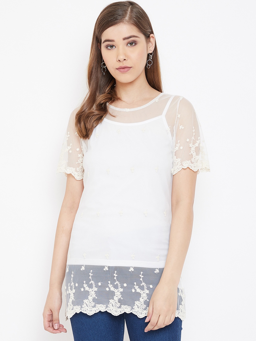 

Rute Women Off-White Self Design Sheer Top