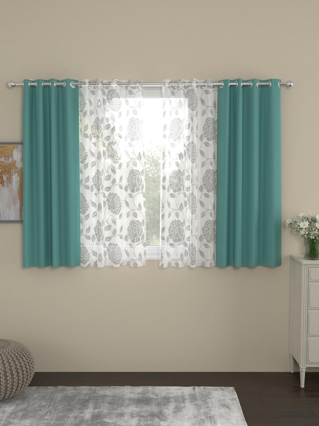 

ROSARA HOME Green & White Set of 4 Window Curtains