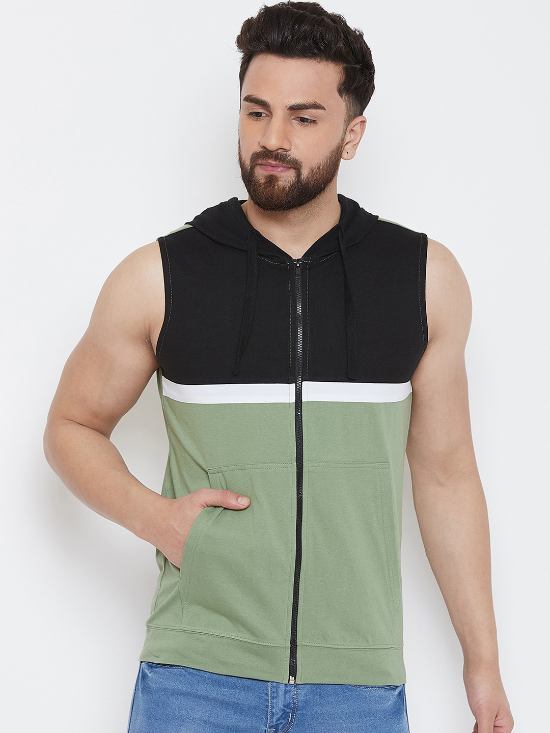 

GRITSTONES Men Green & Black Colourblocked Lightweight Bomber Jacket