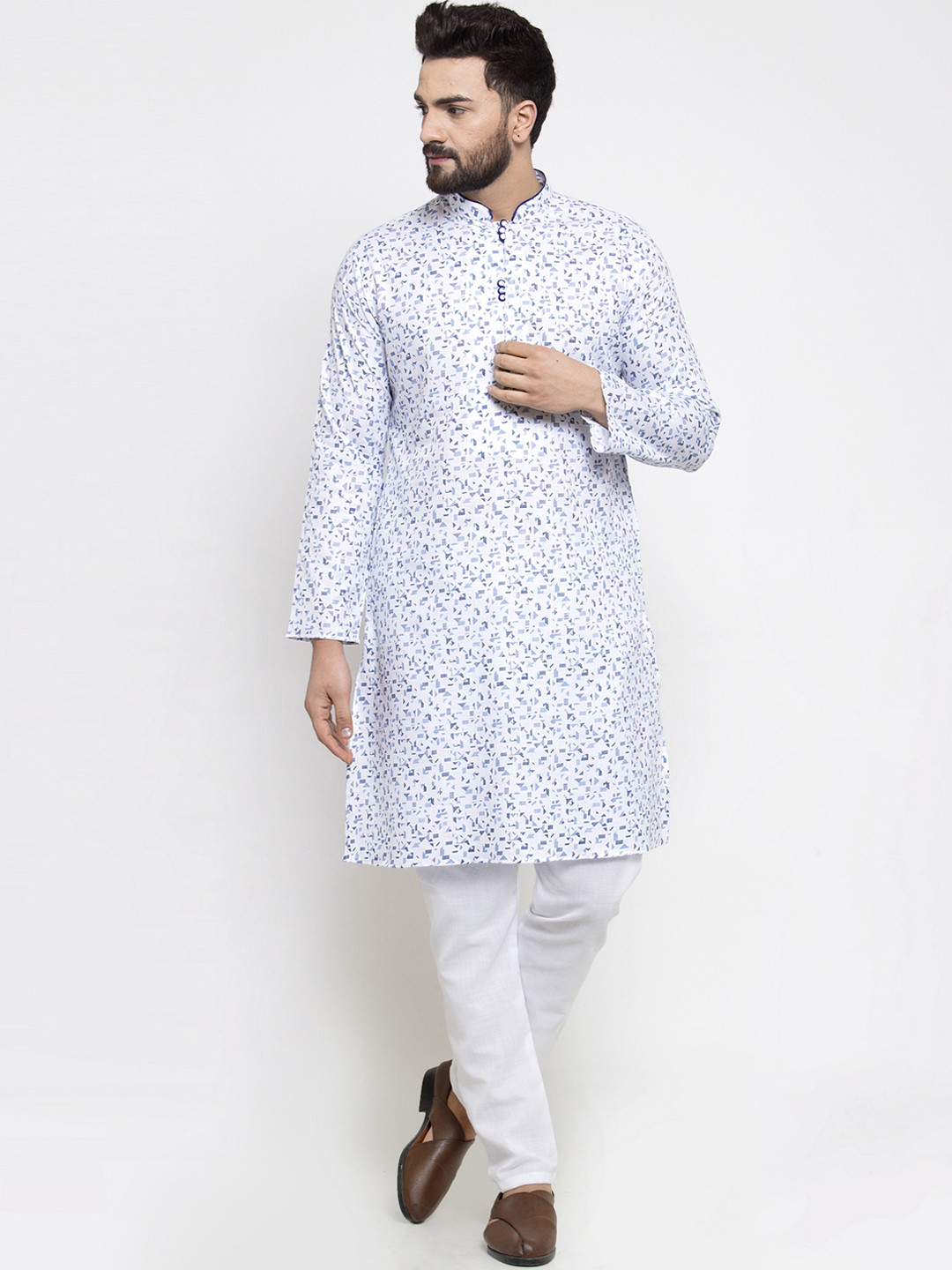 

TREEMODA Men Off-White & Blue Woven Design Kurta with Pyjamas