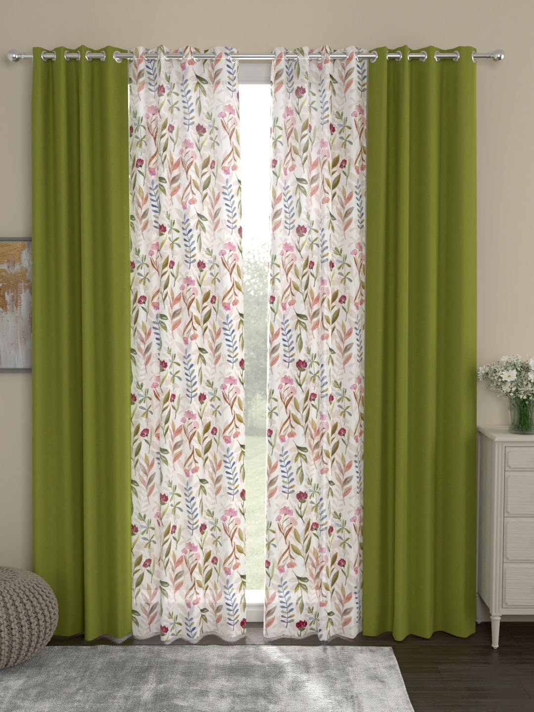 

ROSARA HOME White & Green Set of 4 Door Curtains