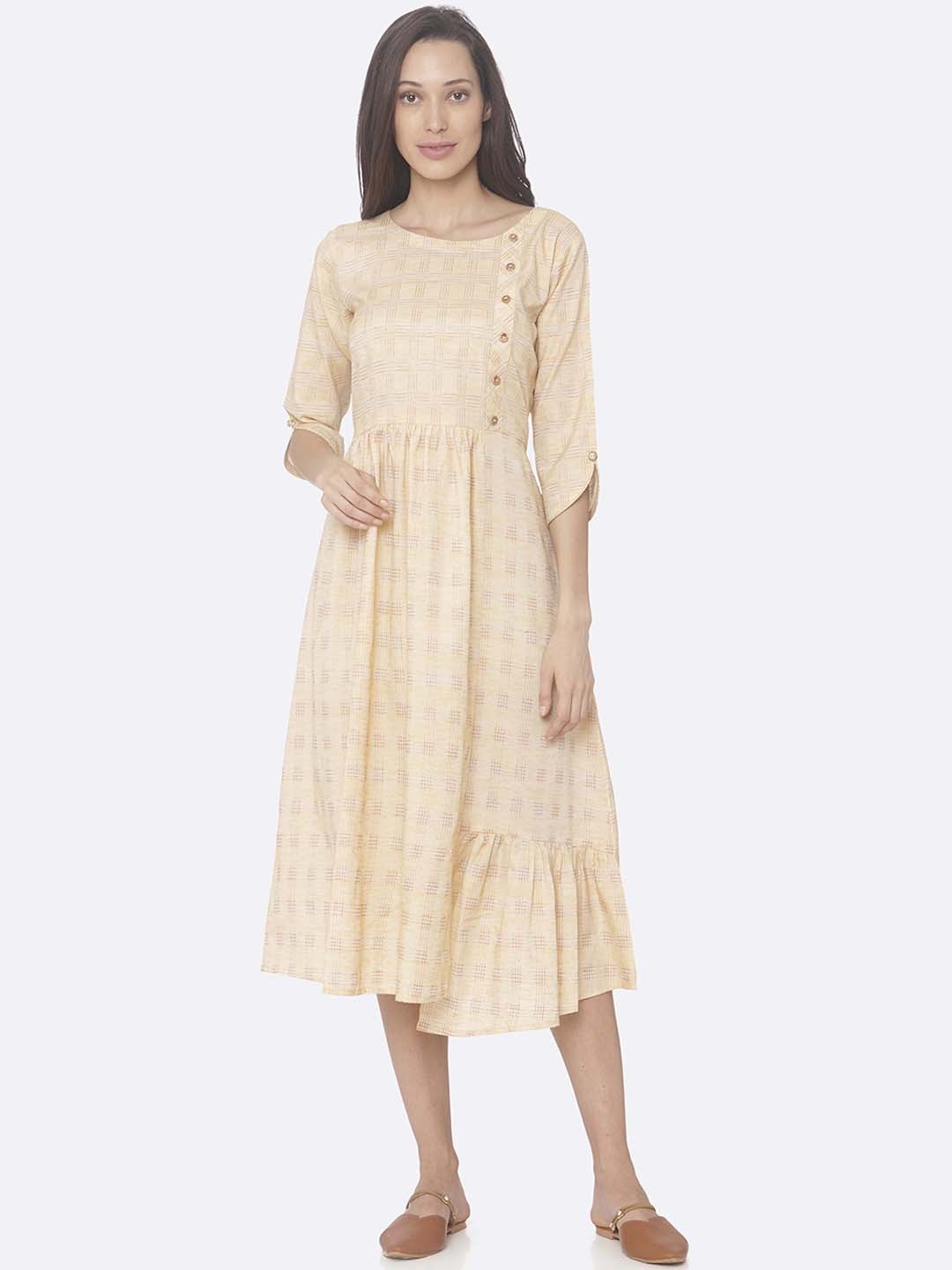

RAISIN Women Yellow Checked Fit and Flare Dress