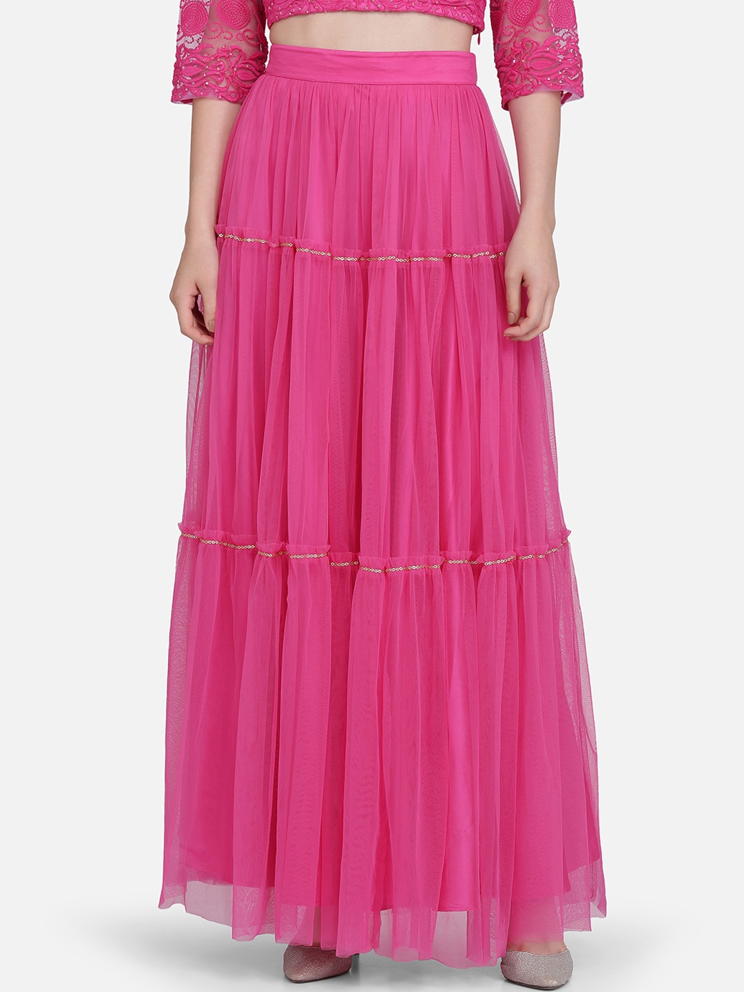 

Ojjasvi Women Magenta Solid Tiered Maxi Skirt