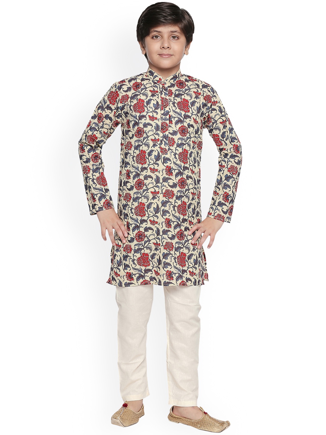 

Jeetethnics Boys Cream-Coloured & Red Printed Kurta with Pyjamas