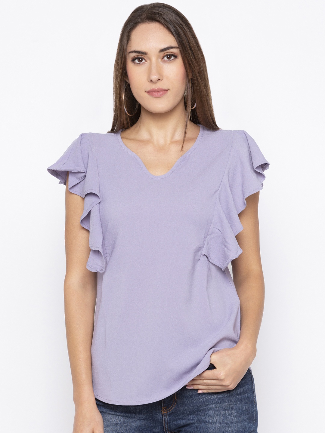 

Globus Women Lavender Solid Ruffle Sleeve Top
