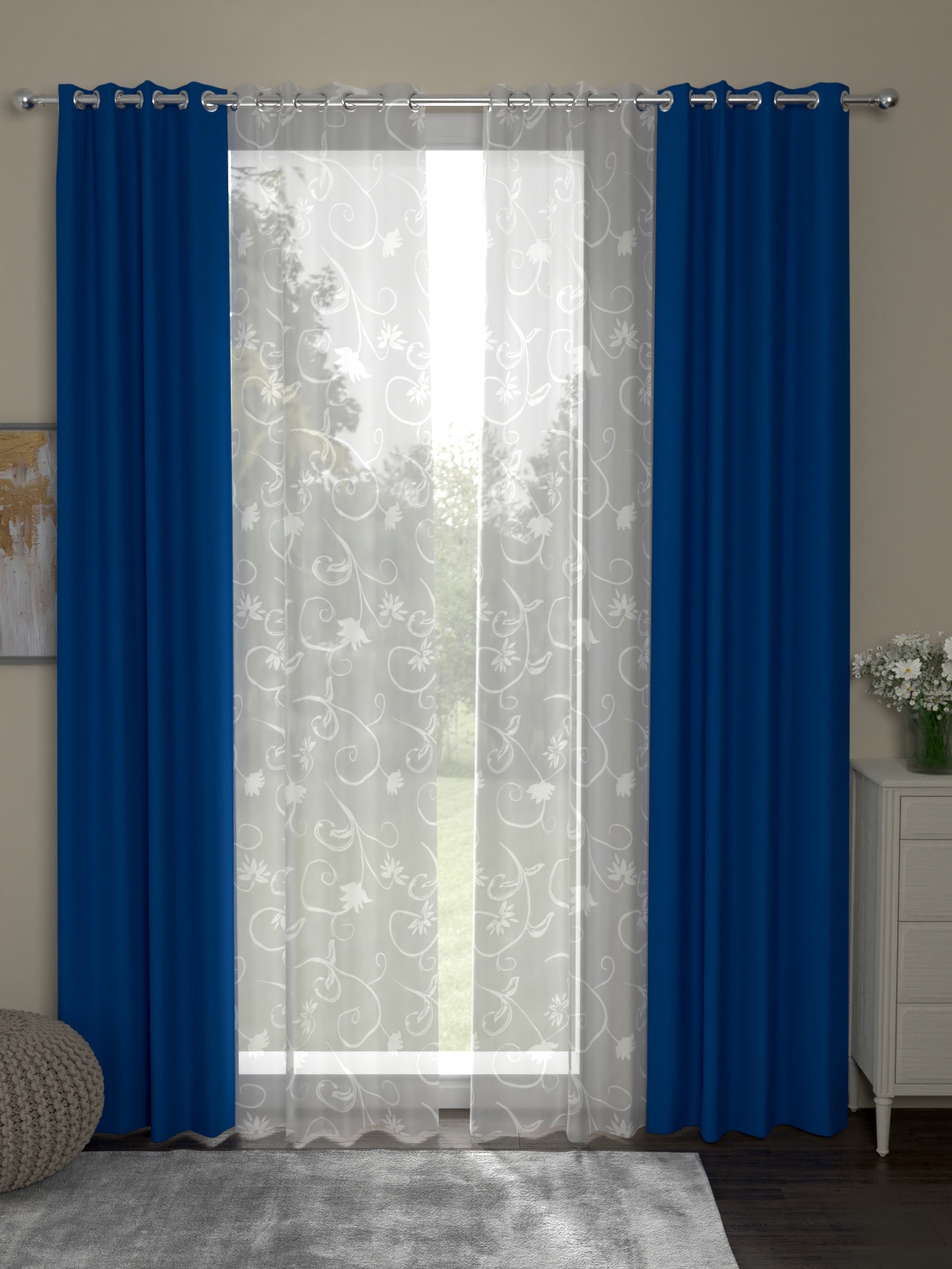 ROSARA HOME Blue & White Set of 4 Door Curtains