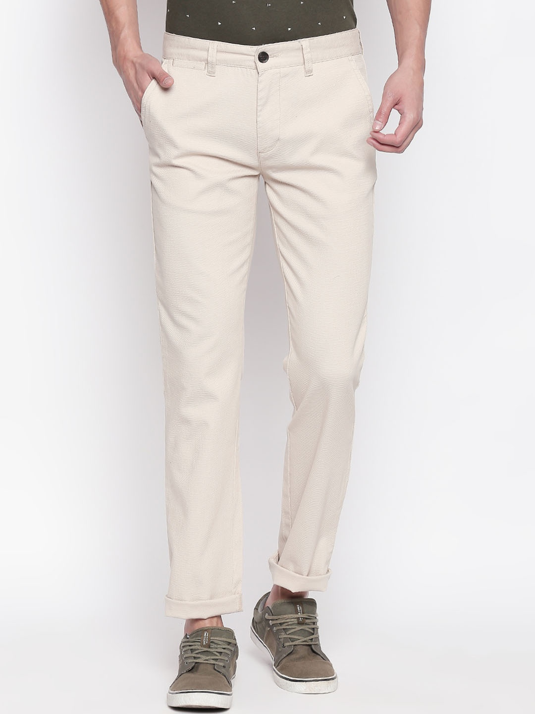 

BYFORD by Pantaloons Men Cream-Coloured Slim Fit Solid Regular Trousers