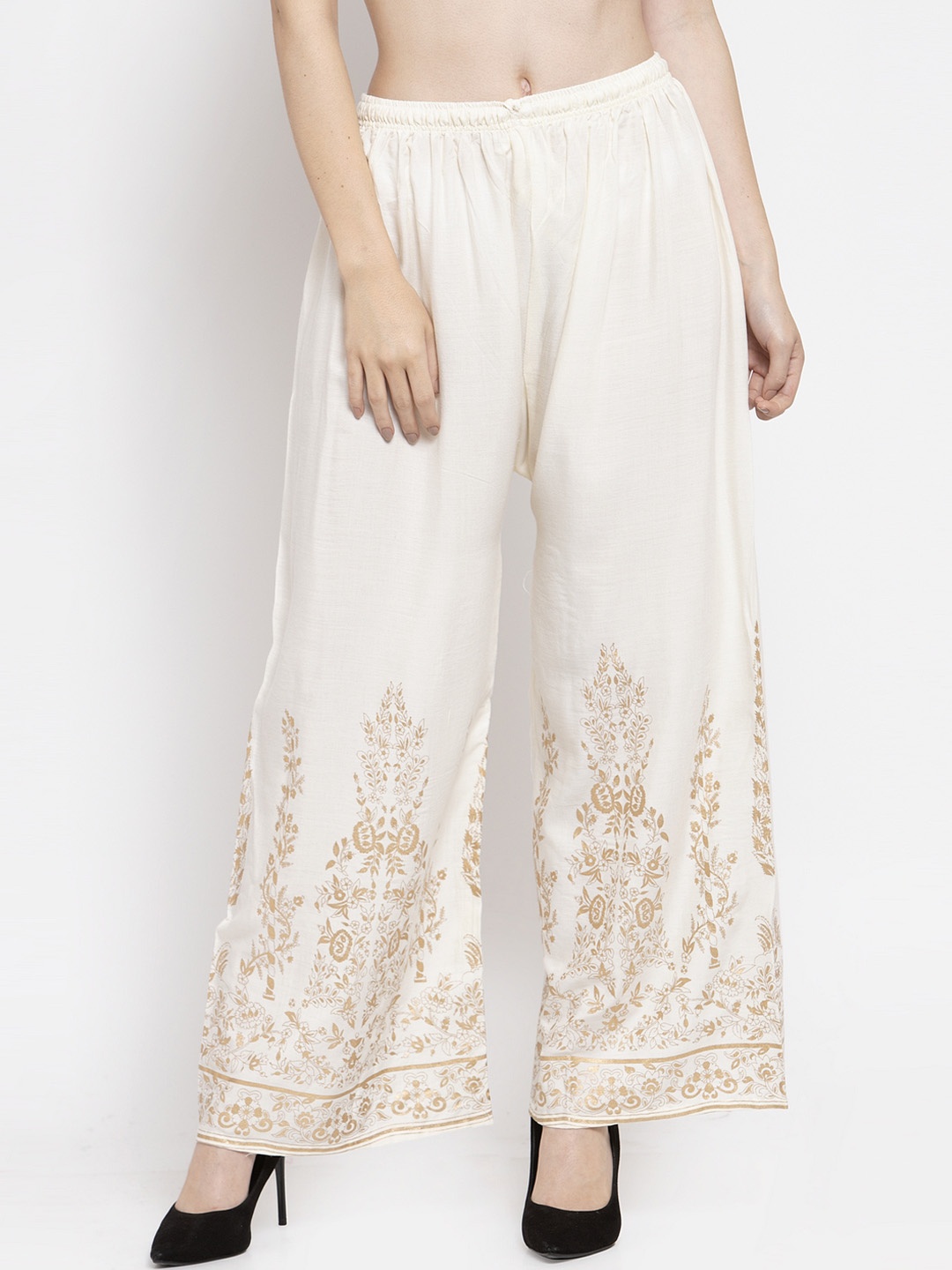 Clora Creation Women Cream-Coloured Printed Wide Leg Palazzos