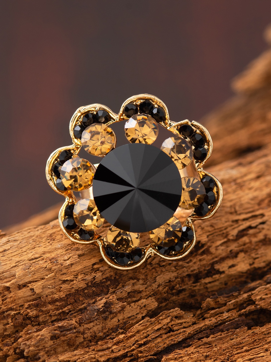 

E2O Gold-Plated & Black Artificial Beaded Adjustable Handcrafted Finger Ring