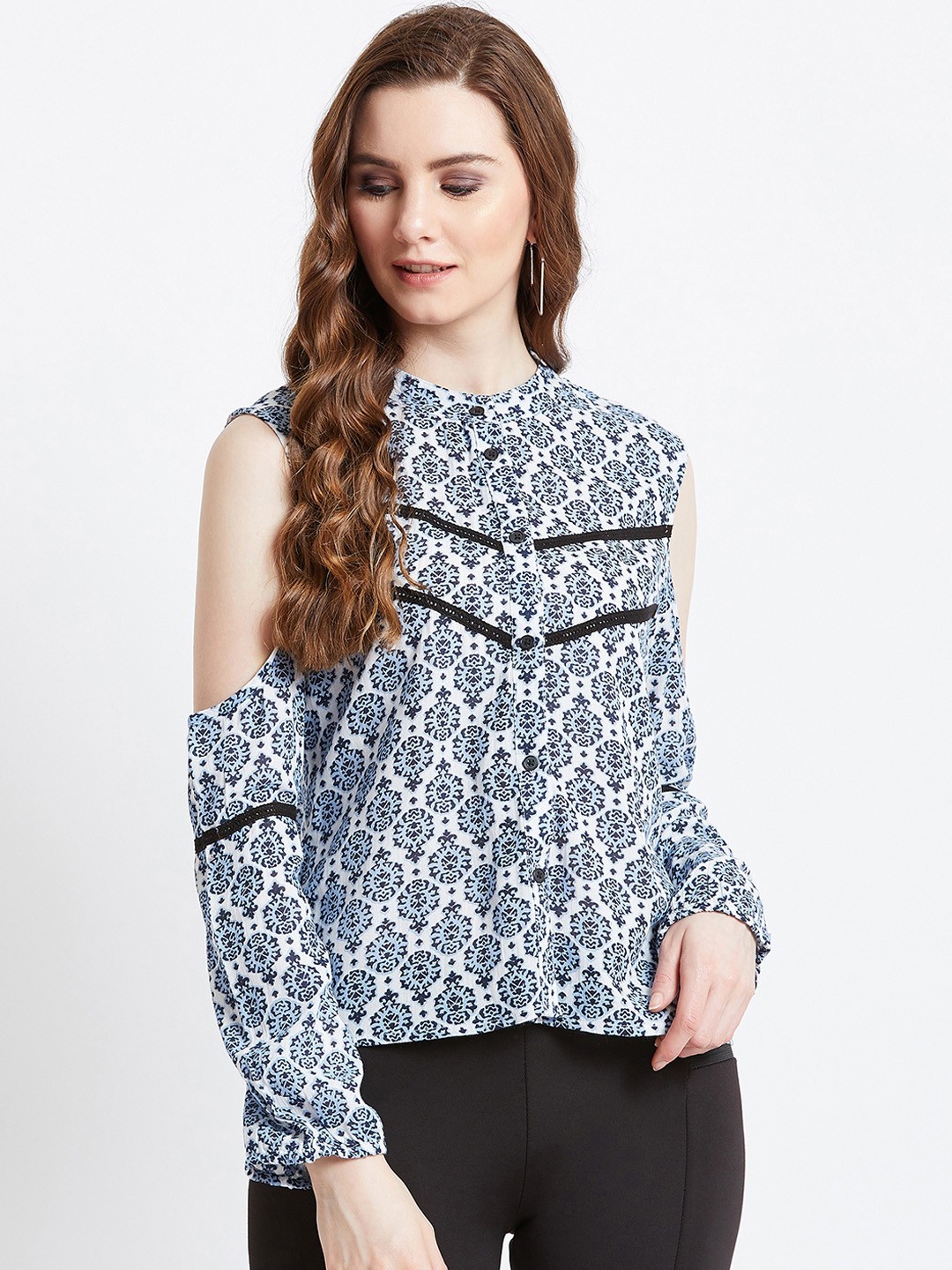 

AkaAyu Women Blue & White Printed Shirt Style Top