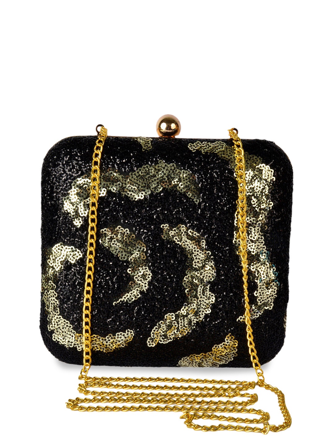 REZZY Black & Gold-Toned Sequinned Box Clutch