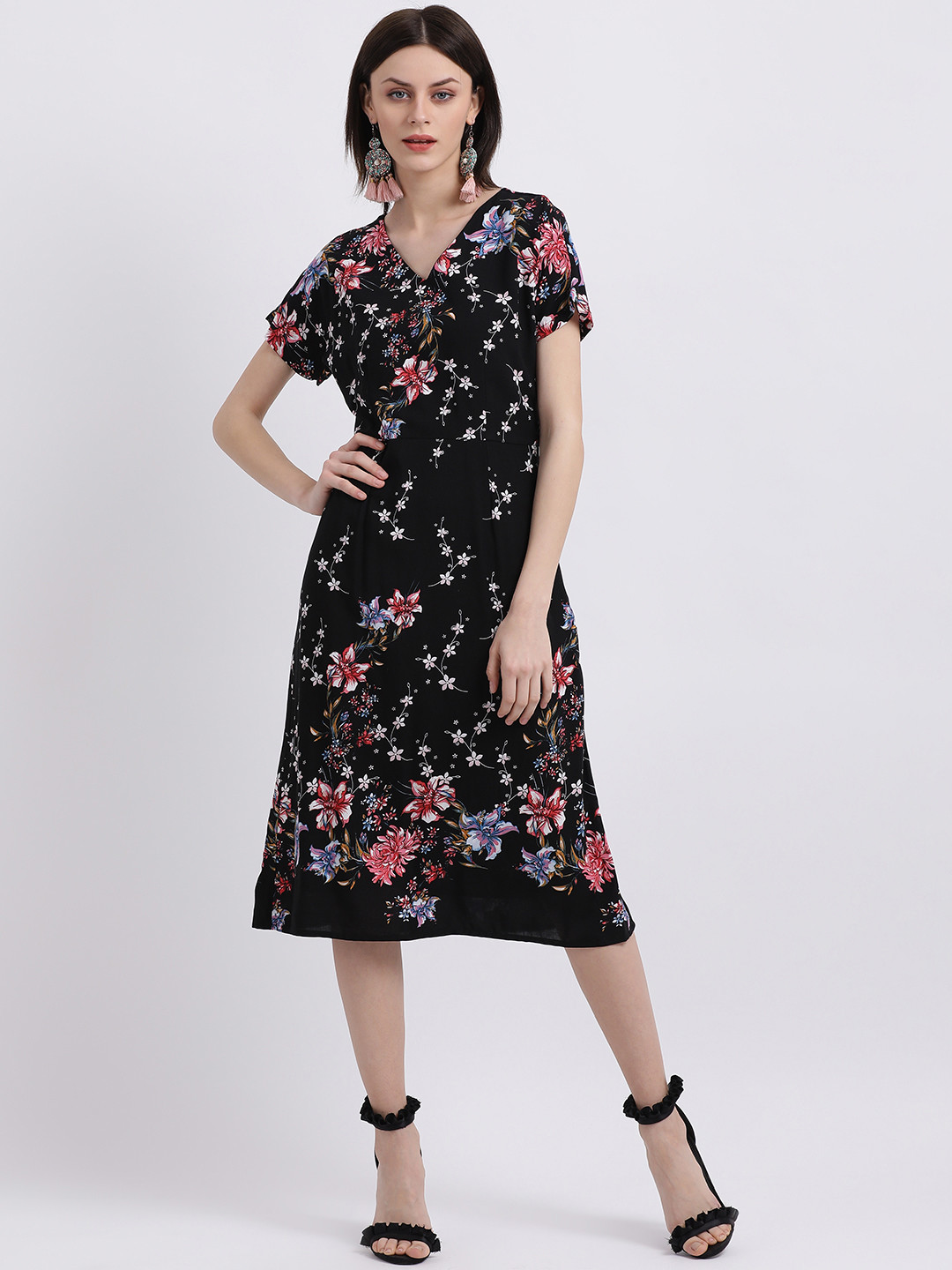 

Zink London Women Black Printed Fit and Flare Dress
