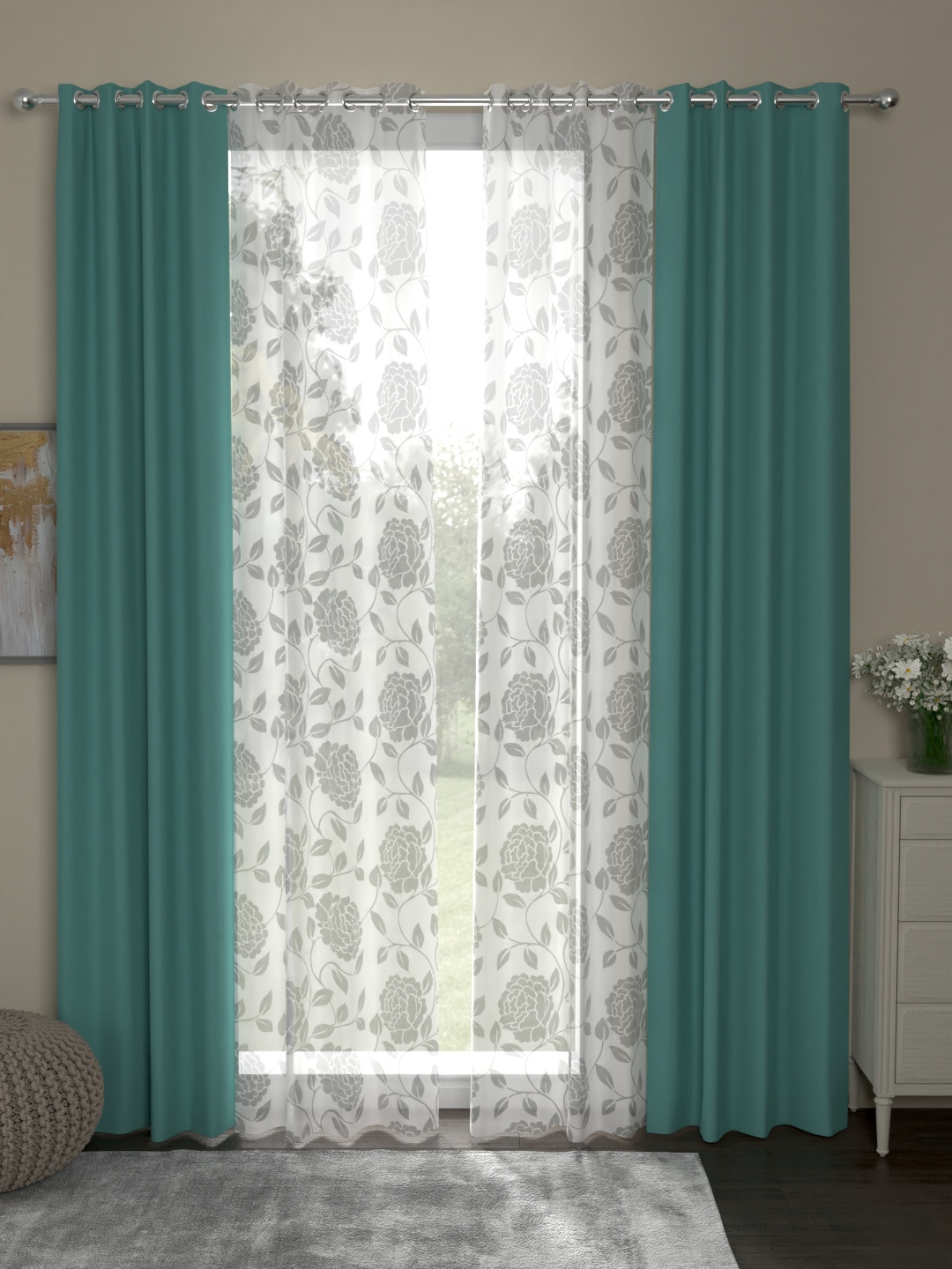 

ROSARA HOME Green & White Set of 4 Door Curtains