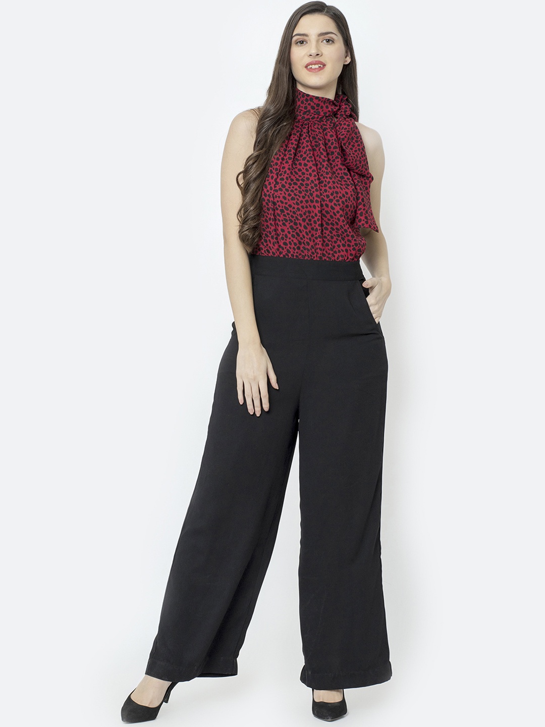 

SQew Women Black & Red Animal Printed Basic Jumpsuit