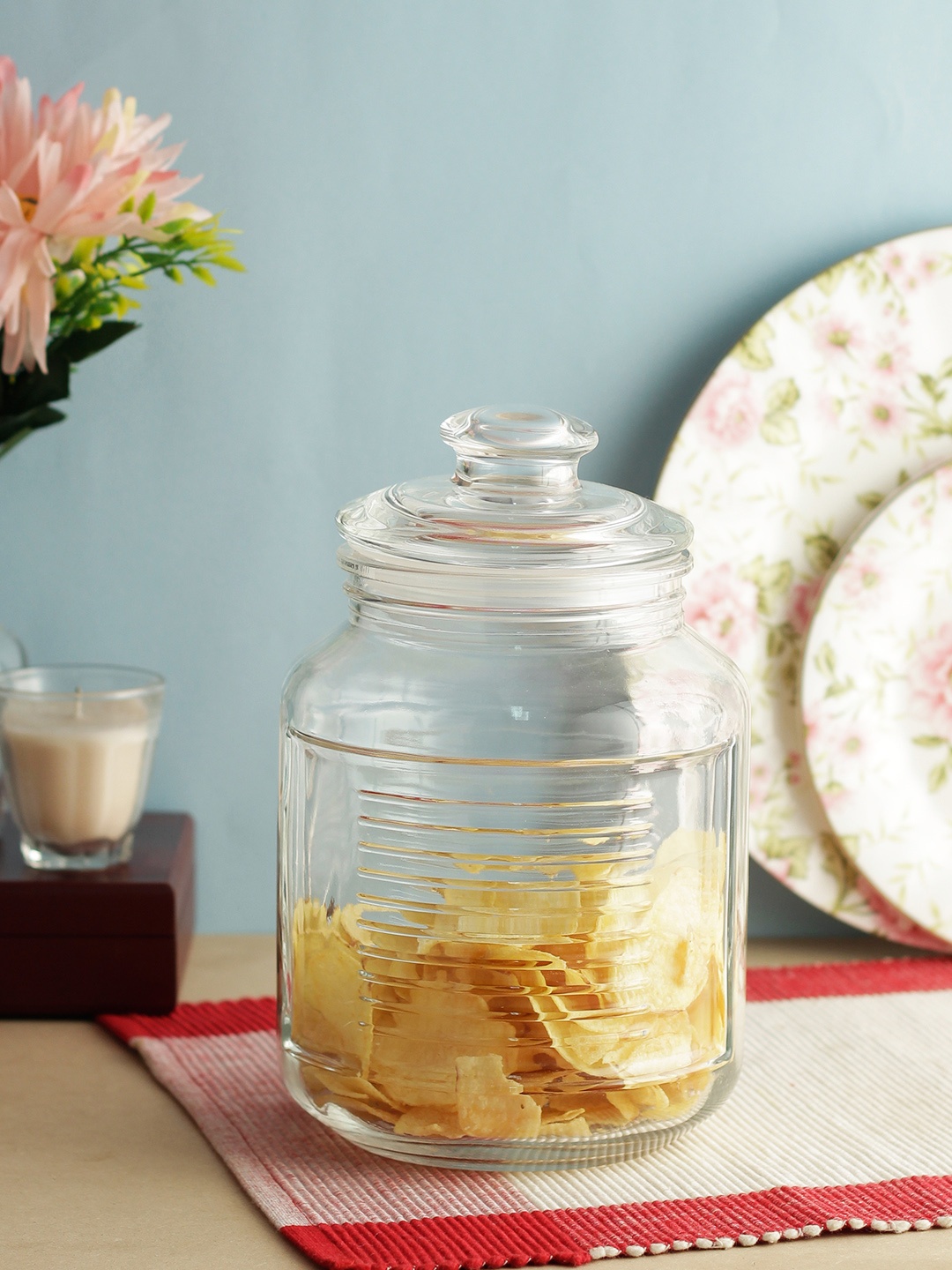 

INCRIZMA Transparent Ribbed Block Glass Storage Jar with Lid
