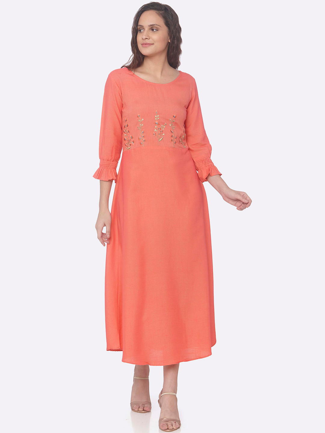 

RAISIN Women Peach-Coloured Embroidered A-Line Ethnic Dress