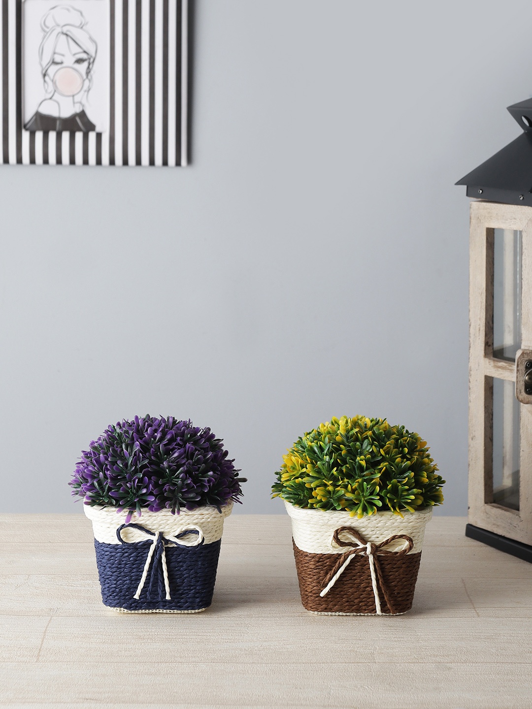 

FOLIYAJ Set of 2 Green & Purple Artificial Plants with Square Pots