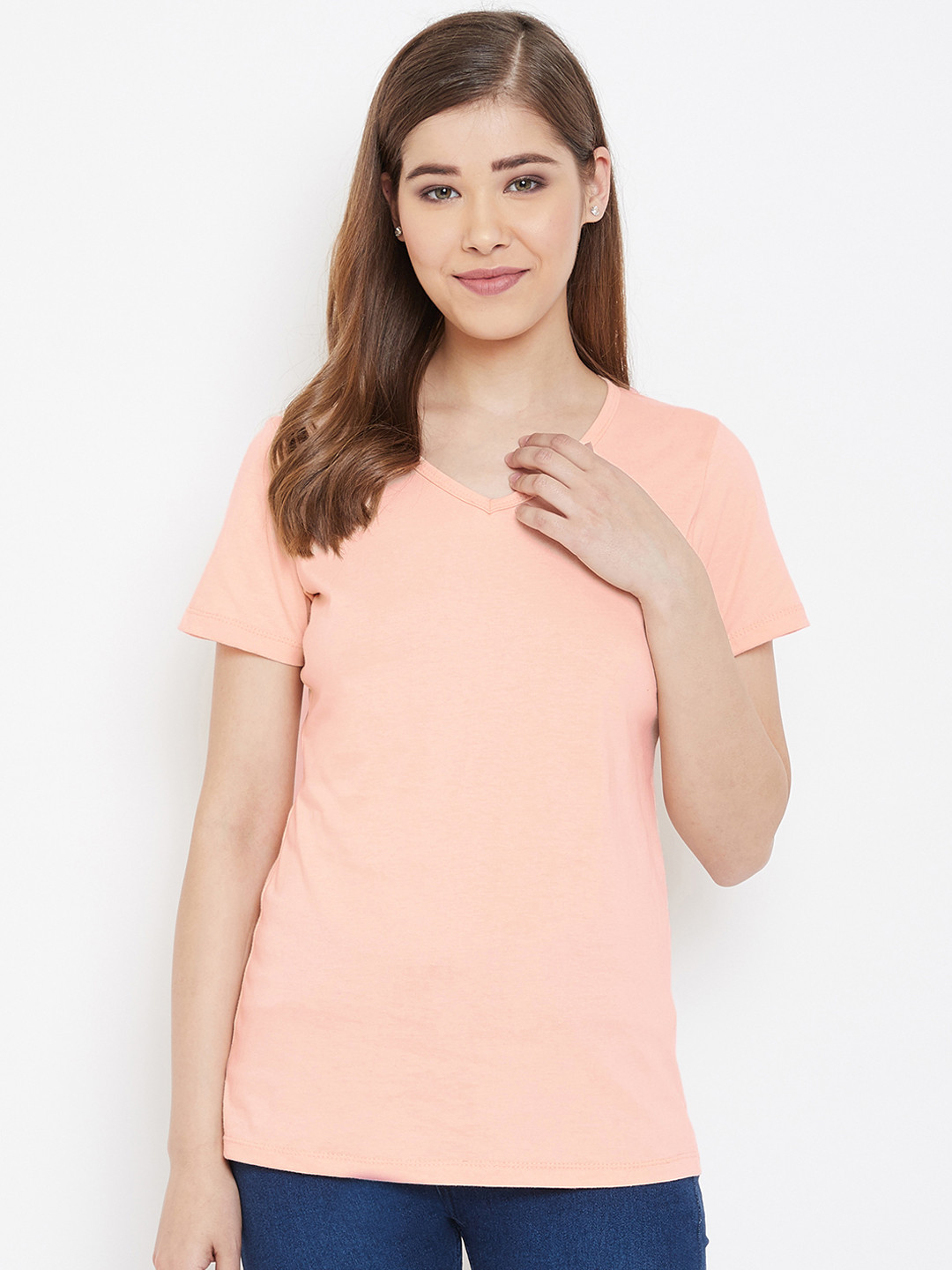 

Rute Women Peach-Coloured Solid V-Neck Pure Cotton T-shirt
