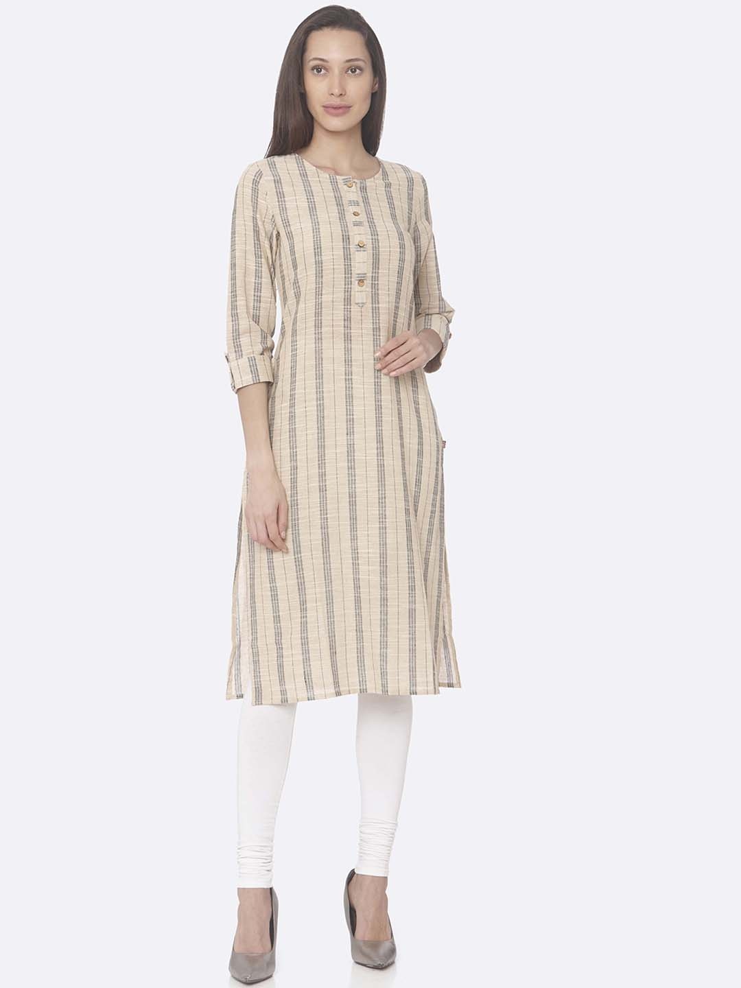 

RAISIN Women Beige & Black Striped Straight Kurta