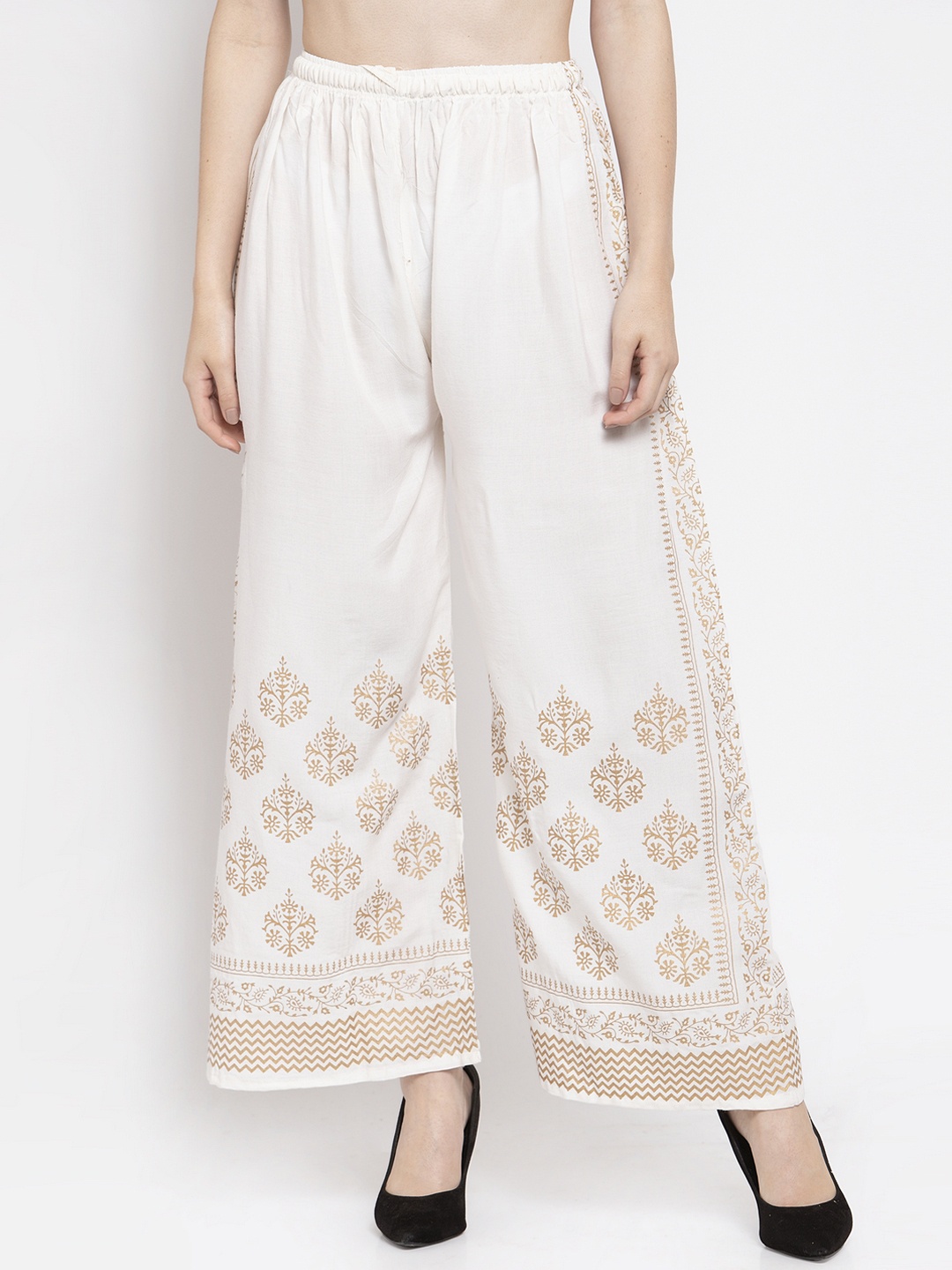 

Clora Creation Women Off-White & Golden Printed Wide Leg Palazzos