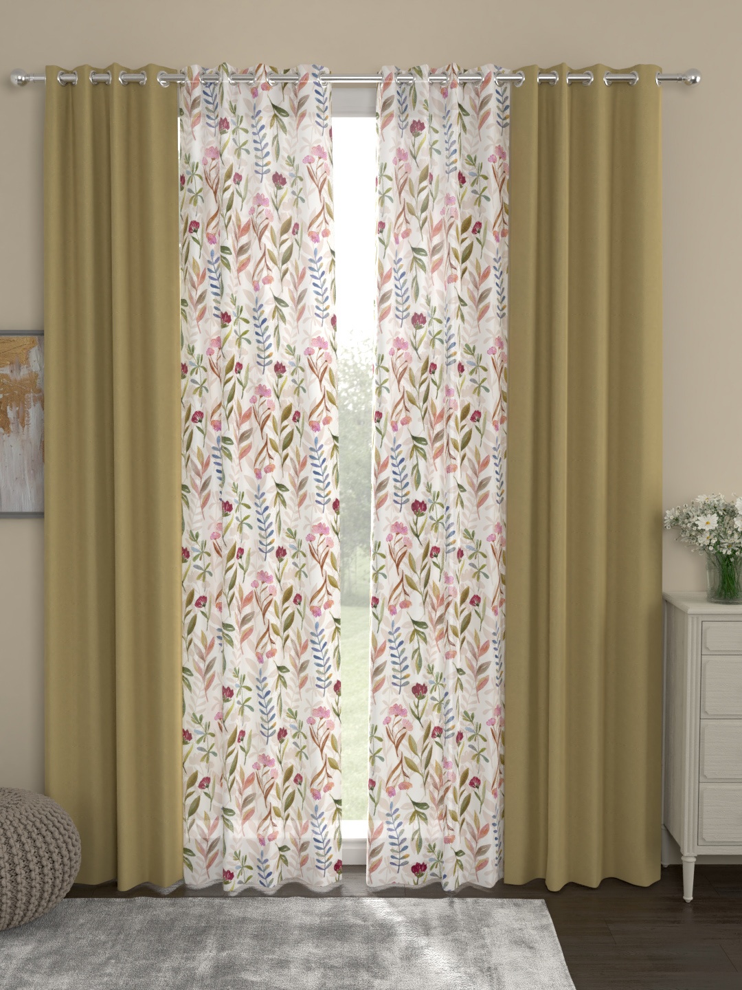

ROSARA HOME White & Beige Set of 4 Door Curtains