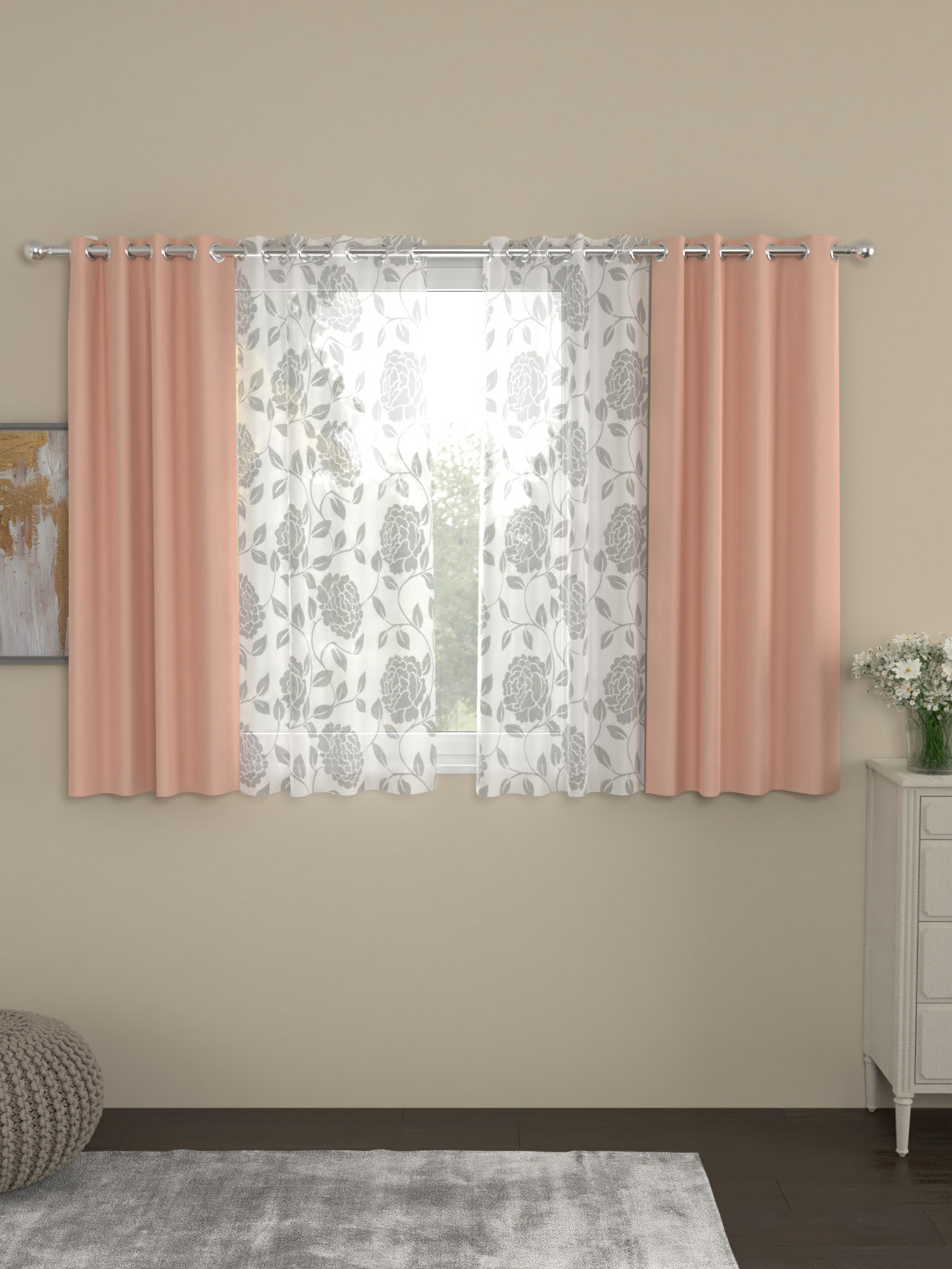 

ROSARA HOME Peach-Coloured & White Set of 4 Window Curtains